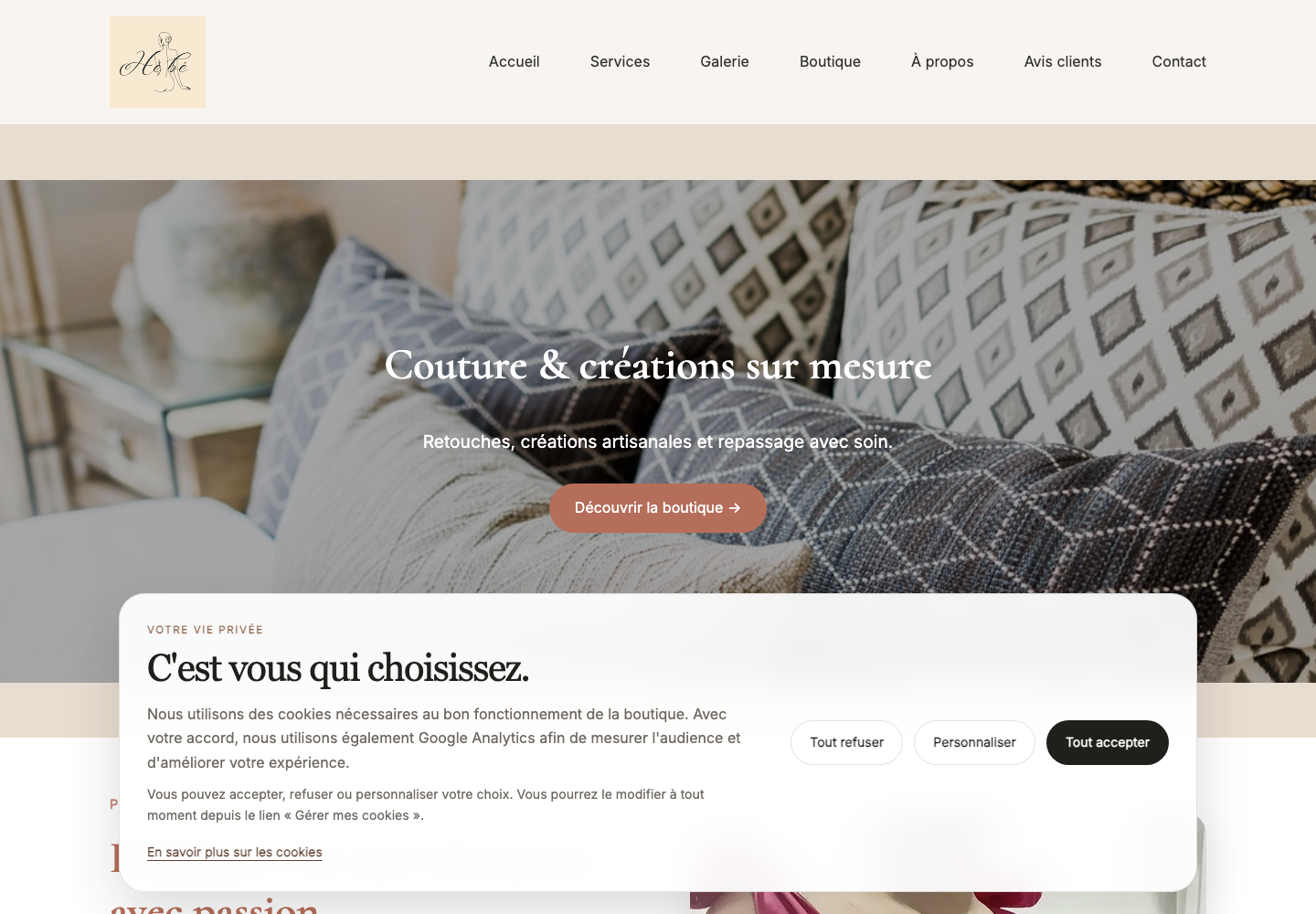 Aperçu de la page d’accueil du site Hébé Couture